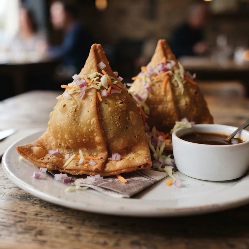 Two crispy samosas topped with shredded vegetables sit beside a bowl of dipping sauce on a restaurant table.