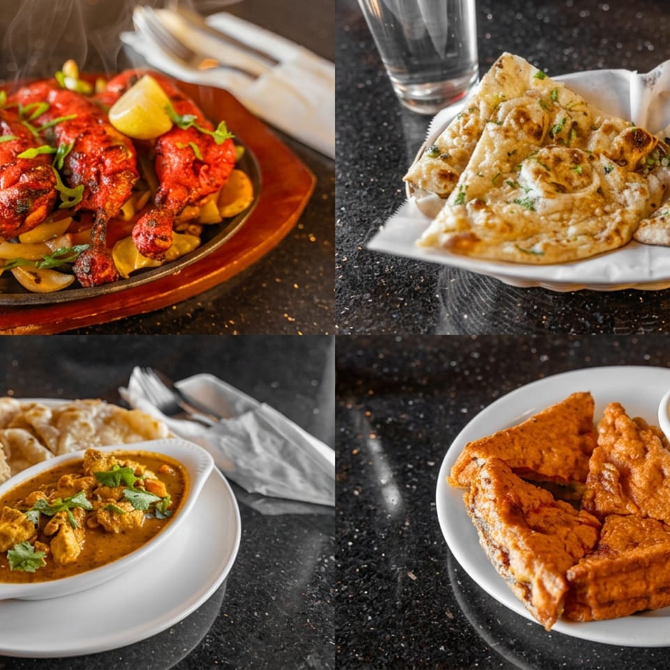 Collage of Indian restaurant dishes including tandoori chicken, naan, biryani with curry, and fried appetizers with dipping sauce.