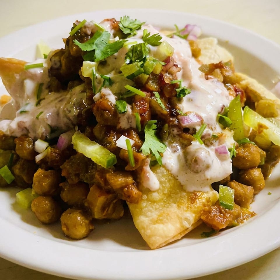Loaded plate of crispy chips topped with chickpeas, creamy sauce, chutney, avocado, red onion, and fresh cilantro.