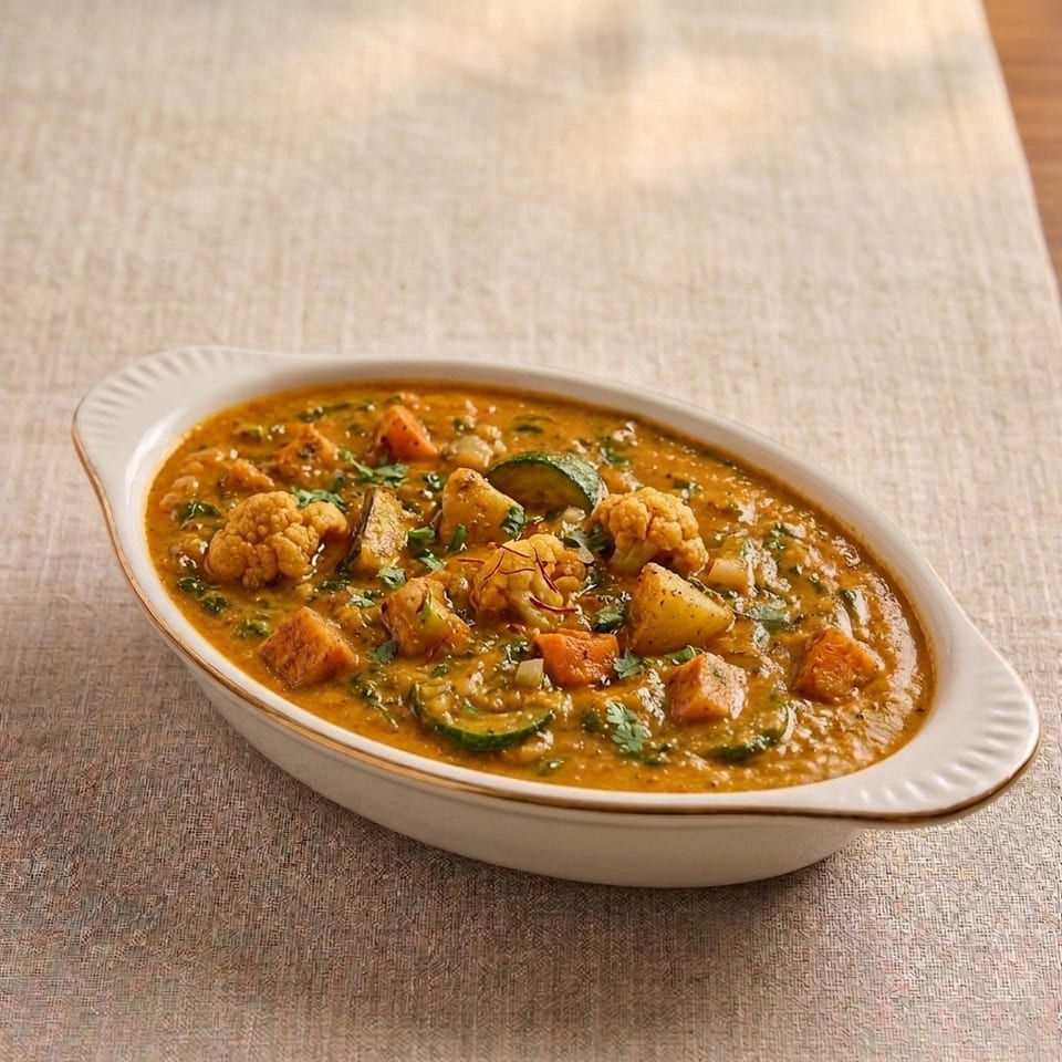 Oval serving dish filled with thick vegetable curry featuring cauliflower, zucchini, potatoes, carrots, herbs, and spices.