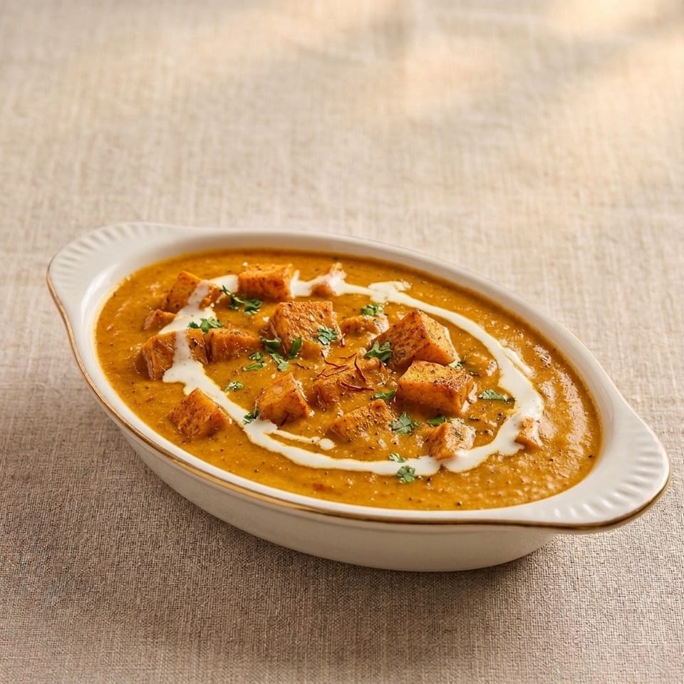 Creamy orange curry topped with golden paneer cubes, cream drizzle, cilantro, and saffron in a white serving dish.