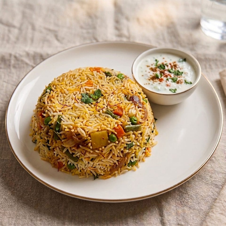 Mound of spiced vegetable rice garnished with cilantro, served with a bowl of yogurt sauce on a white plate.