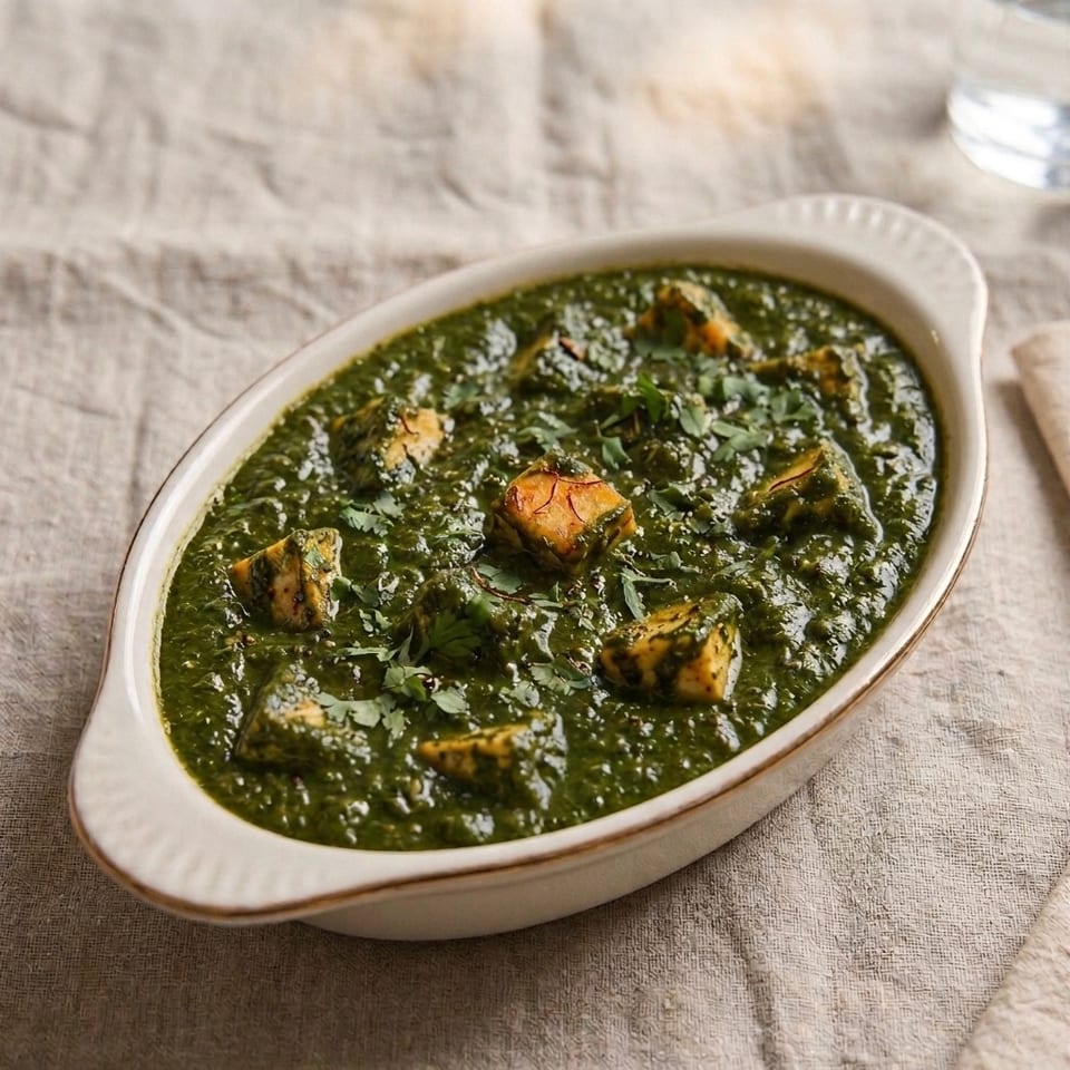 Creamy spinach curry with golden paneer cubes and fresh cilantro served in an oval dish on a rustic tablecloth.