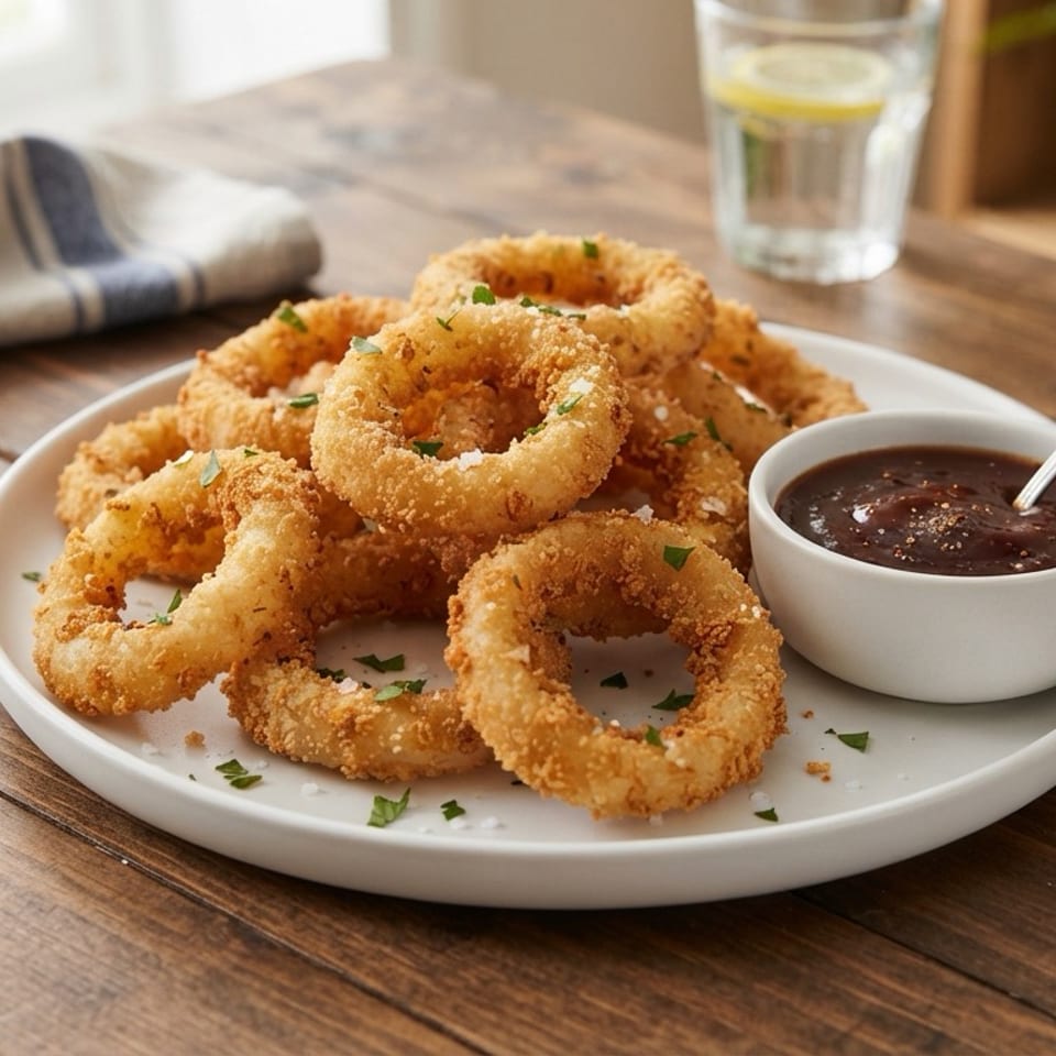 Crispy golden onion rings garnished with parsley, served on a white plate with dipping sauce and spoon.