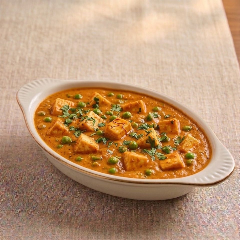 Creamy Indian paneer and pea curry garnished with cilantro, served in a white oval dish on a tablecloth.