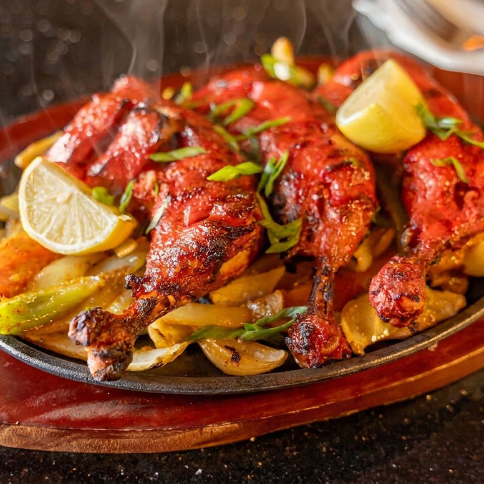 Steaming platter of grilled red-spiced chicken, vegetables, herbs, and lemon wedges on a sizzling cast-iron plate.