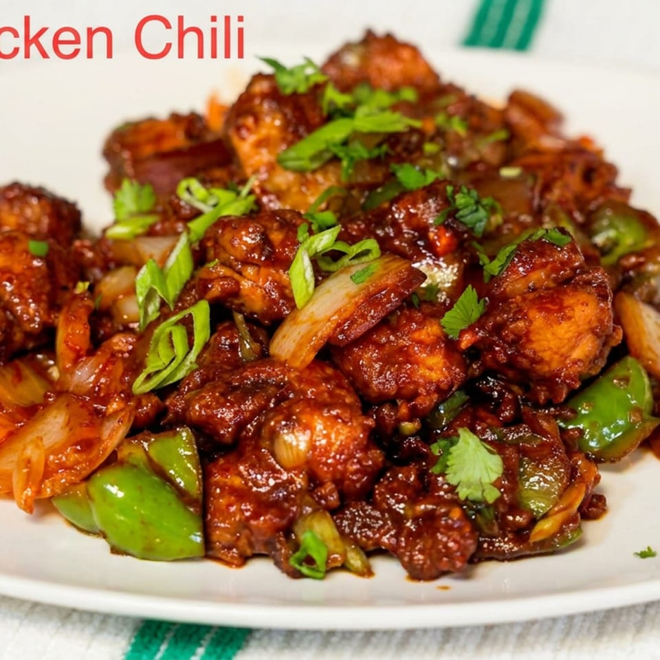 Plate of glossy chicken chili with green peppers, onions, and cilantro garnish.