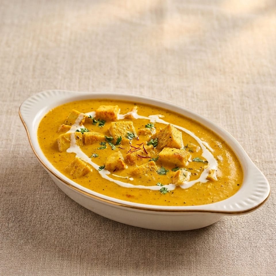 Creamy golden curry with paneer cubes, cream drizzle, cilantro, and saffron served in an oval white dish.