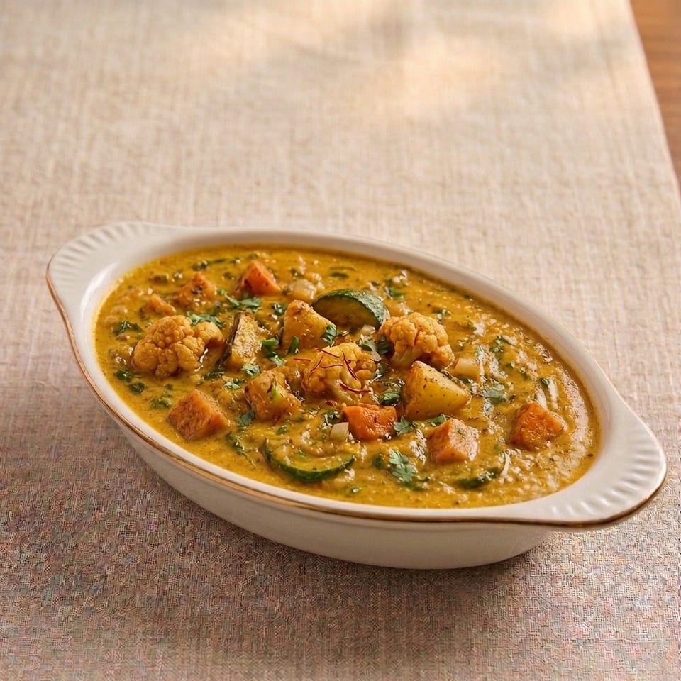 Creamy golden vegetable curry with cauliflower, zucchini, potatoes, carrots, herbs, and saffron garnishes served in an oval dish.
