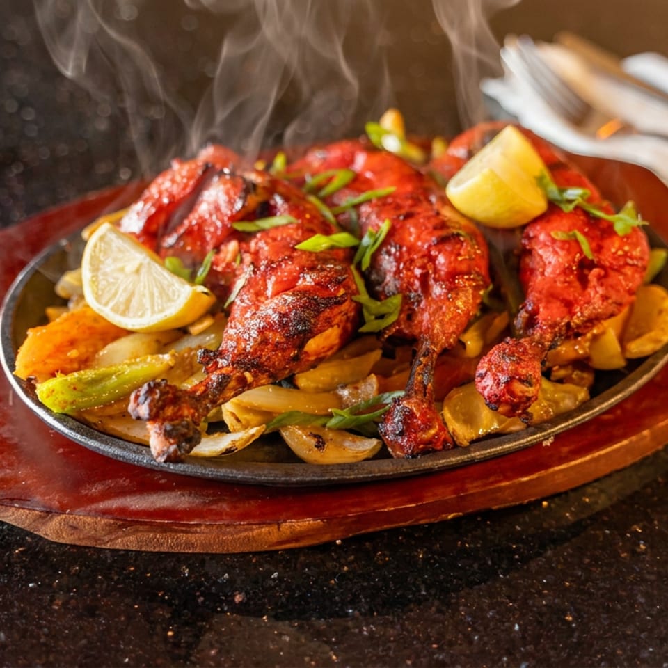 Steaming platter of grilled red-spiced chicken with vegetables, lemon wedges, and fresh herbs on a dark restaurant table.