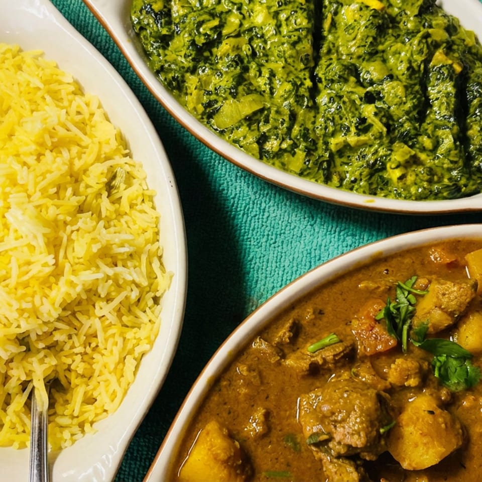 Indian meal featuring yellow basmati rice, creamy spinach curry, and spiced meat and potato curry in white serving dishes.