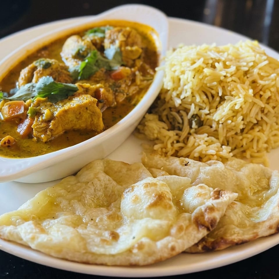 Plate of creamy chicken curry, seasoned rice, and folded naan bread on a white dish.