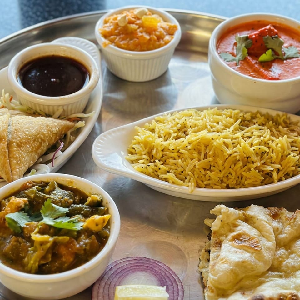 Indian thali platter featuring yellow rice, samosas, curry, flatbread, chutneys, and pickled vegetables on a metal tray.