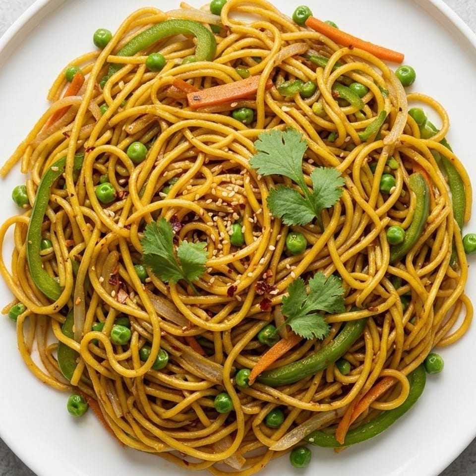 Plate of stir-fried noodles with peas, bell peppers, carrots, cilantro, sesame seeds, and chili flakes.